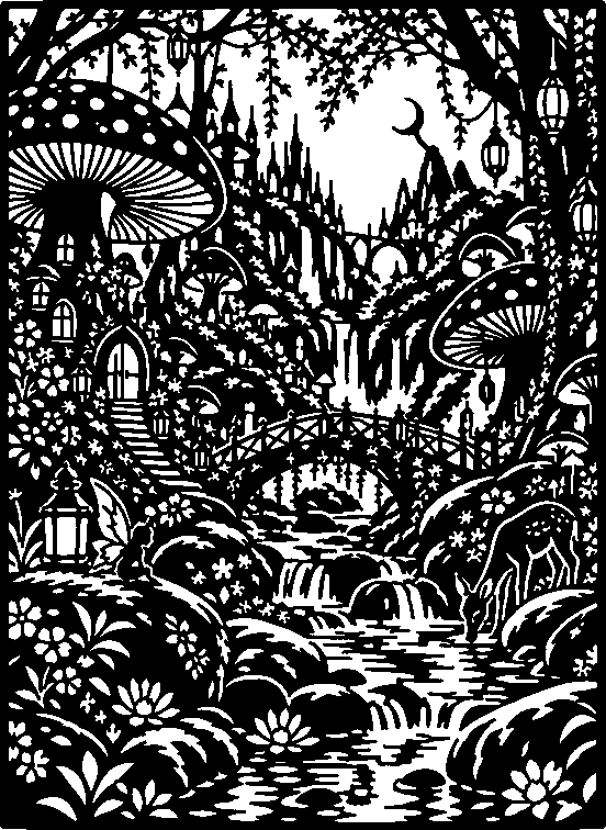 Enchanted forest wall art - mushroom houses, bridge, waterfall and deer